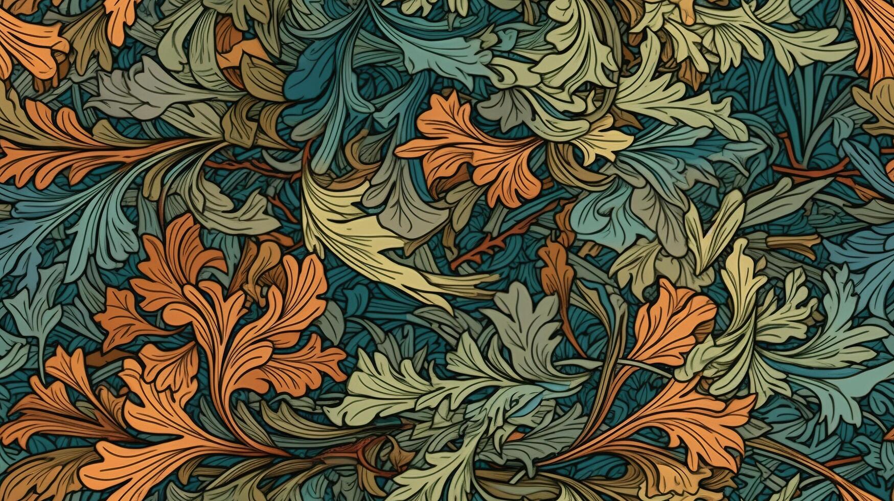 generatief ai, bloemen kleurrijk patroon. William morris geïnspireerd natuurlijk planten en bloemen achtergrond, wijnoogst illustratie. gebladerte ornament. foto