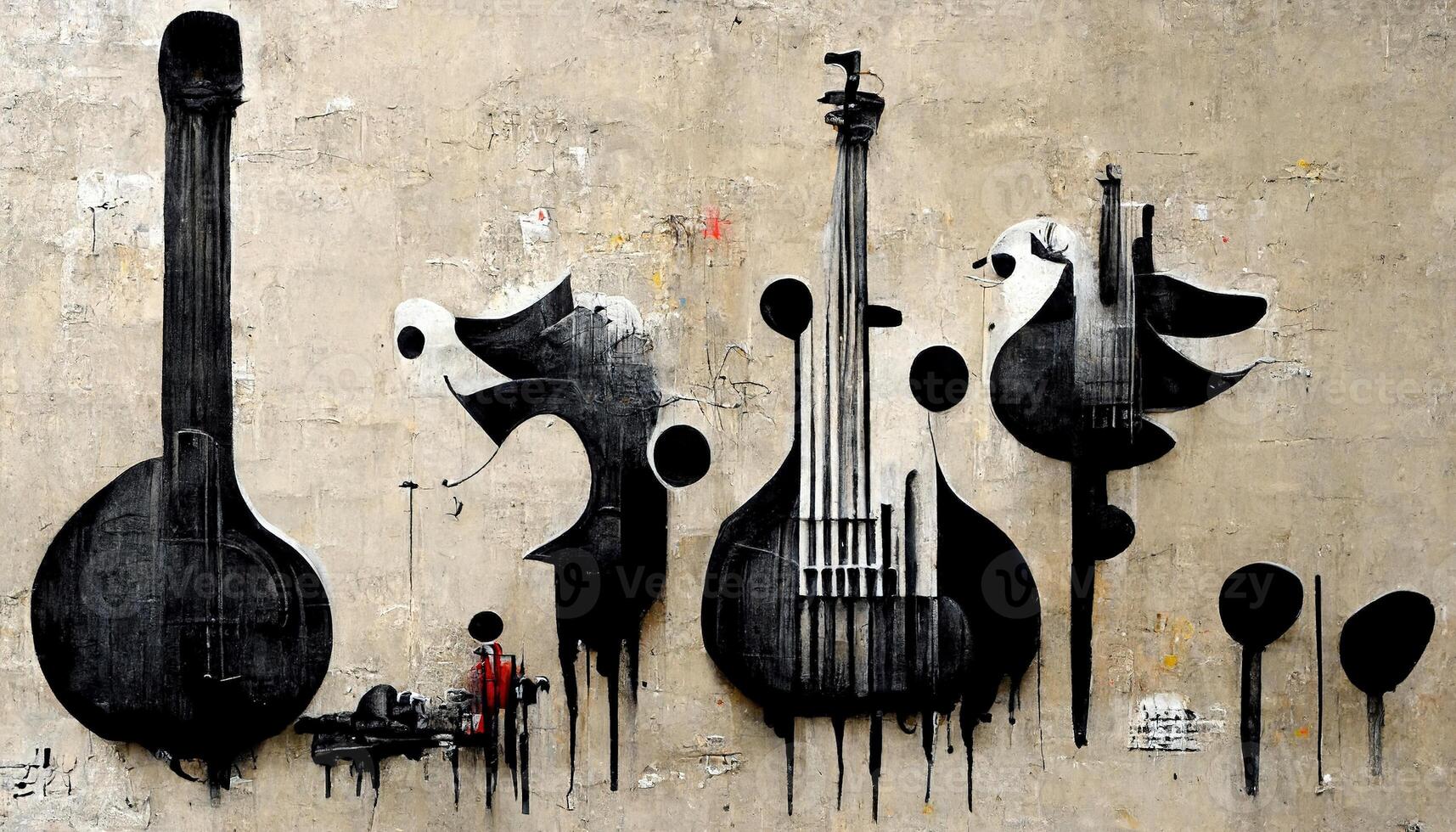 generatief ai, abstract straat kunst met sleutels en musical instrumenten silhouetten. inkt kleurrijk graffiti kunst Aan een getextureerde papier wijnoogst achtergrond, geïnspireerd door banksy foto