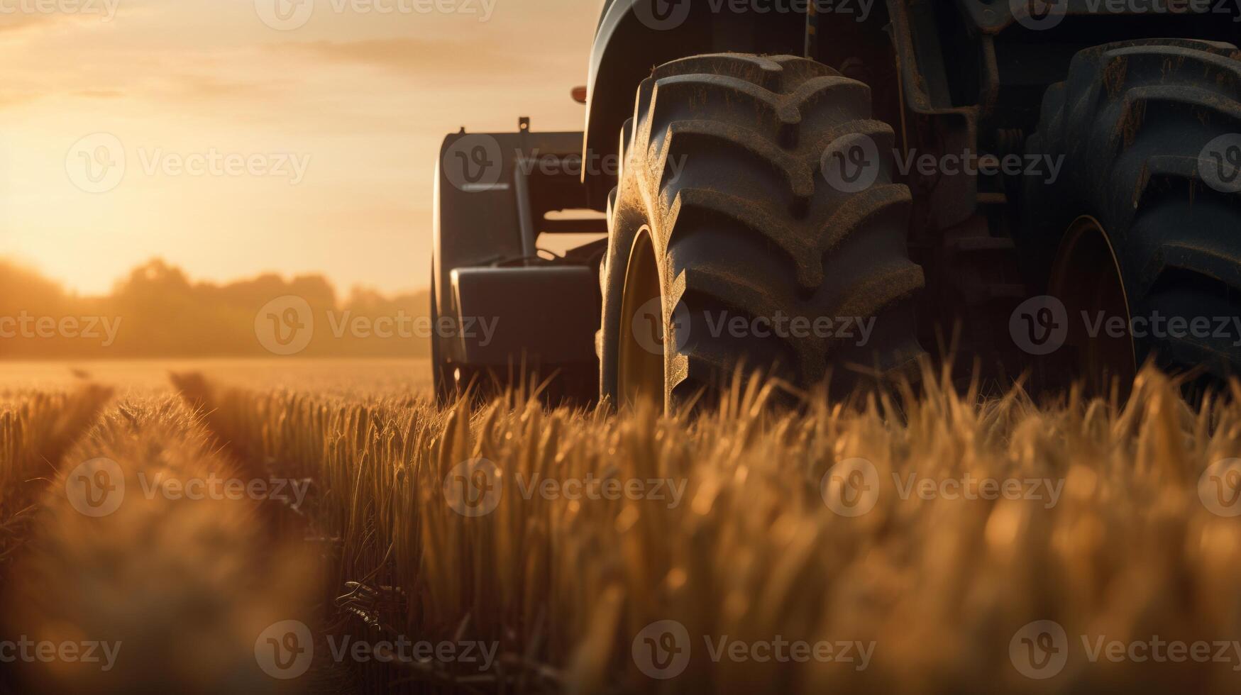 generatief ai, detailopname modern combineren oogstmachine Aan een tarwe veld, boerderij landschap, agrarisch mooi platteland. natuur illustratie, fotorealistisch horizontaal spandoek. foto