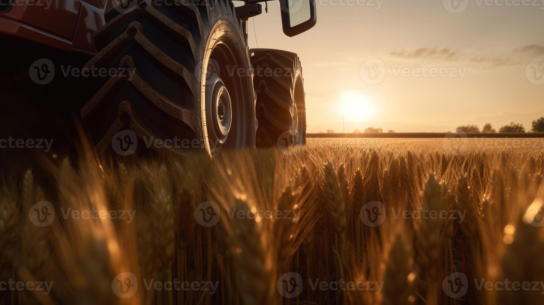 generatief ai, detailopname modern combineren oogstmachine Aan een tarwe veld, boerderij landschap, agrarisch mooi platteland. natuur illustratie, fotorealistisch horizontaal spandoek. foto