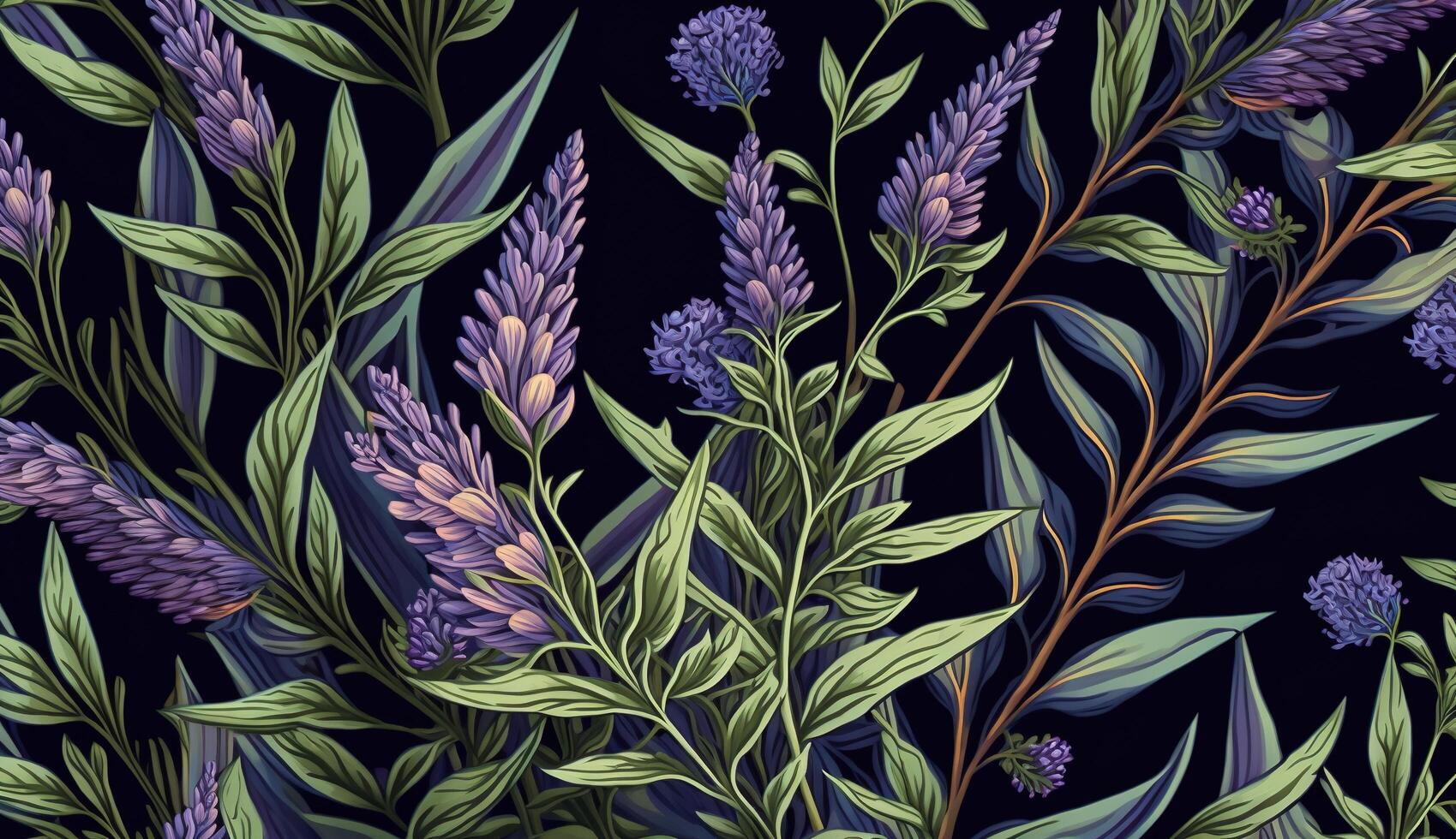 generatief ai, bloemen lavendel kruiden kleurrijk patroon. William morris geïnspireerd natuurlijk planten en lavandula bloemen achtergrond, wijnoogst illustratie. gebladerte ornament. foto