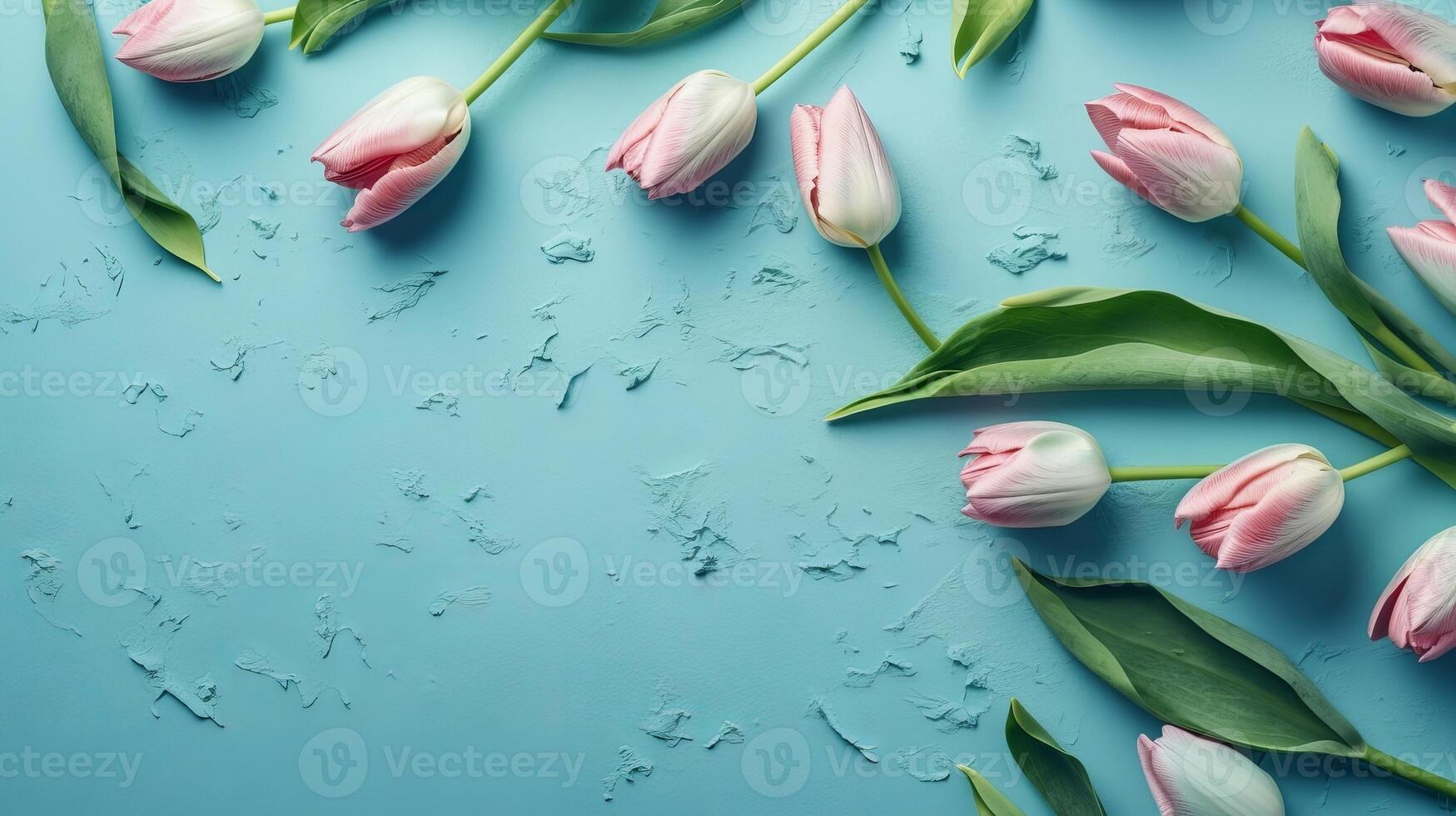 fantasierijk organiseren gemaakt van voorjaar tulp bloesems Aan blauw papier fundament. creatief hulpbron, ai gegenereerd foto