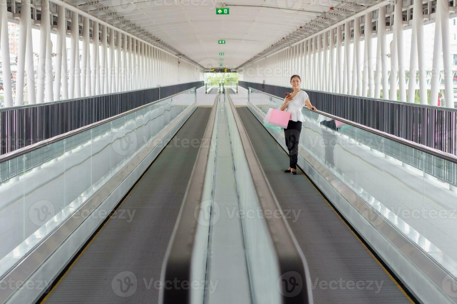 portret van gelukkig glimlachen vrouw met boodschappen doen Tassen in gang wandelen manier. mooi vrouw met een papier tas. foto