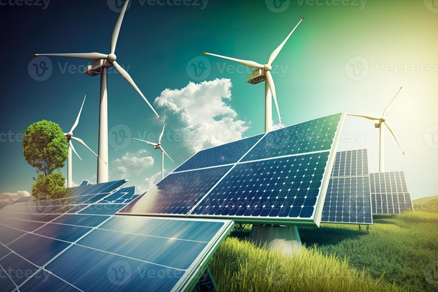 hernieuwbaar energie achtergrond met groen energie net zo wind turbines en zonne- panelen. groen energie concept energie bronnen duurzame ecologie elementen generatief ai foto