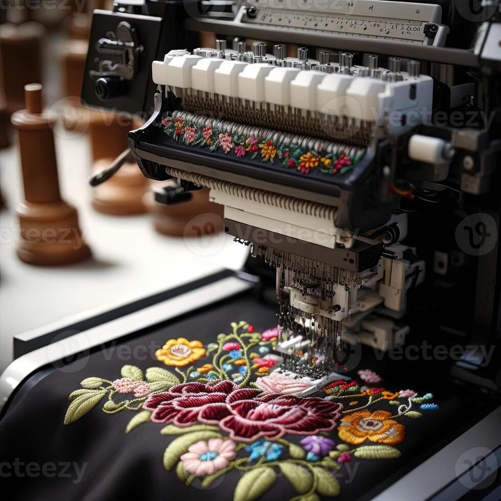 modern en automatisch hoog technologie borduurwerk machine voor textiel of kleding kleding maken fabricage werkwijze in industrieel. dichtbij omhoog geautomatiseerd borduurwerk machines. generatief ai foto