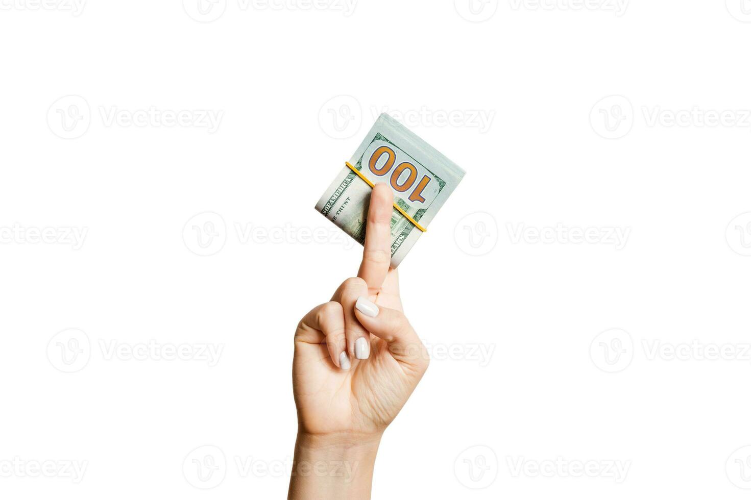 vrouw hand- geven geld Aan wit geïsoleerd achtergrond. top visie van dollar bankbiljetten. steekpenning concept. schuld en lening concept foto