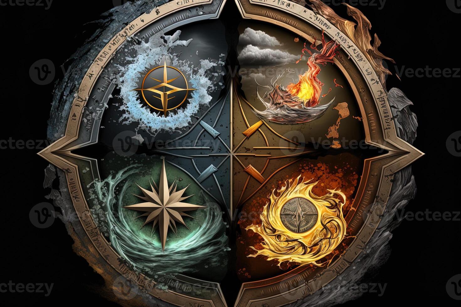 vier elementen kompas. generatief ai. kleurrijk magisch fantasie kompas, vier elementen aarde, vuur, water, lucht. foto