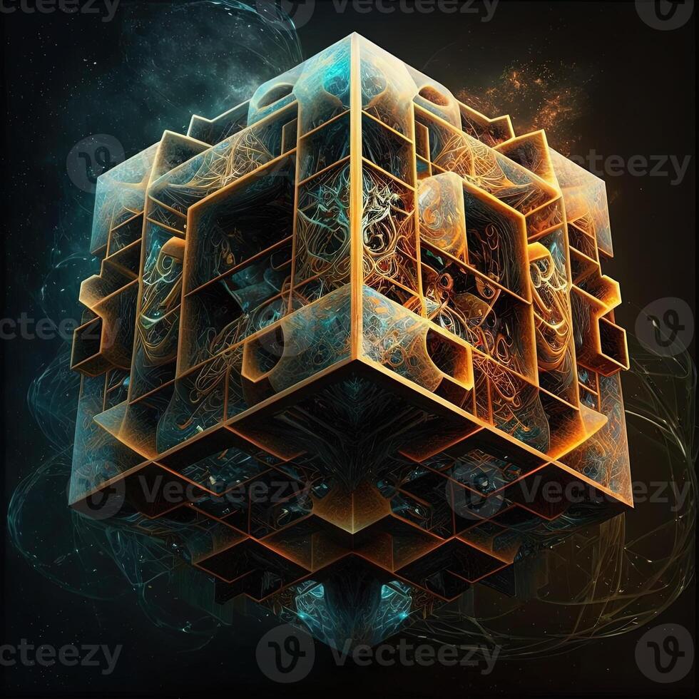 tesseract met fractal ontwerp in bestellen en chaos. abstract multiversum wereld met kubiek ai generatief . creatief surrealistische aarde milieu door puzzel artwork bouw foto