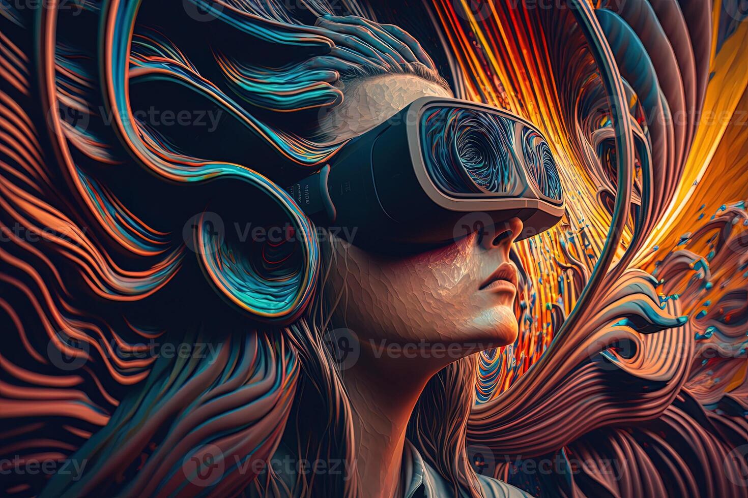 generatief ai illustratie van een enthousiast jong Dames vervelend virtueel realiteit stofbril is binnen de metavers. metaverse concept en virtueel wereld elementen. spellen en vermaak van de digitaal foto