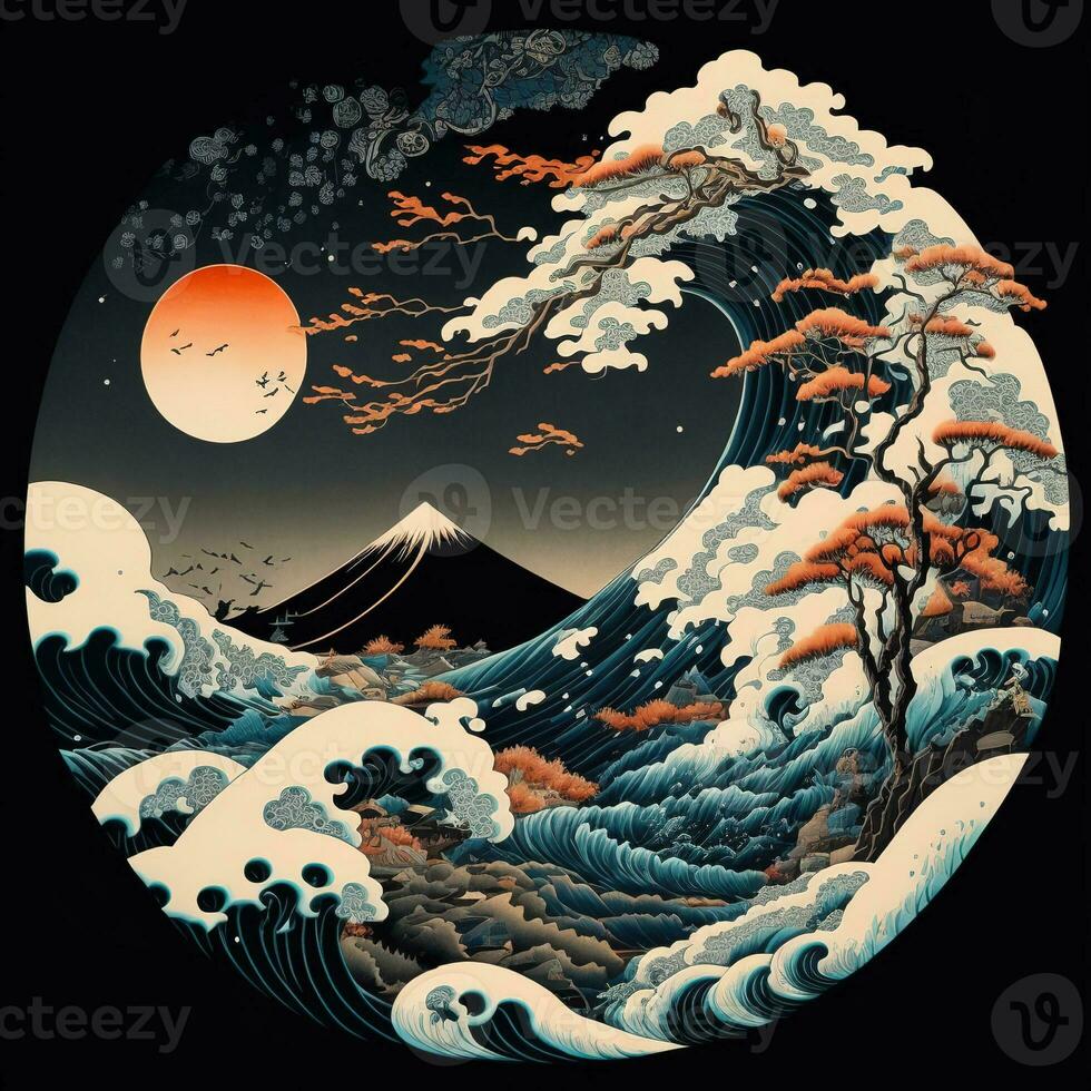 de Super goed Golf uit kanagawa schilderij reproductie. Japans stijl. ukiyo-e stijl schilderij van de nul leegte veranderen foto