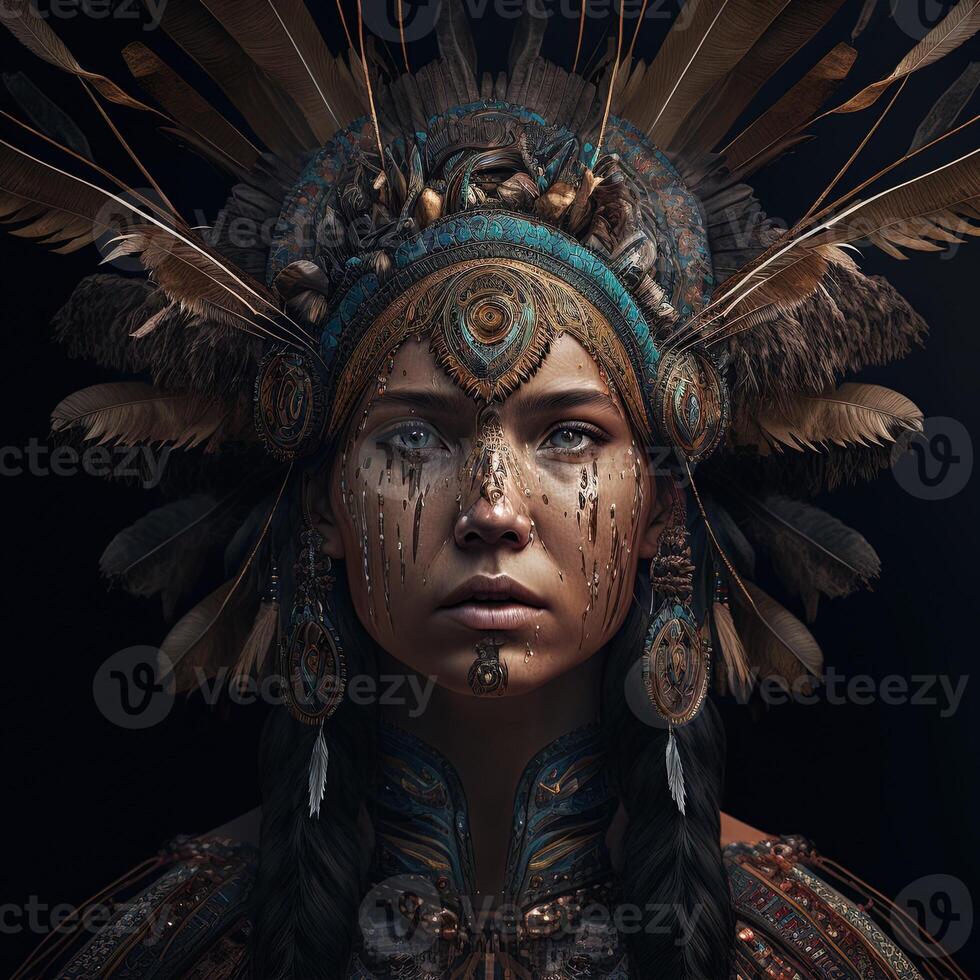 generatief ai inheems Amerikaans vrouw in ceremonieel hoofd jurk, reflectie van de silhouet van tribal voorvaders in haar ogen. dichtbij omhoog van kleurrijk gekleed inheems vrouw geïsoleerd Aan zwart achtergrond. foto