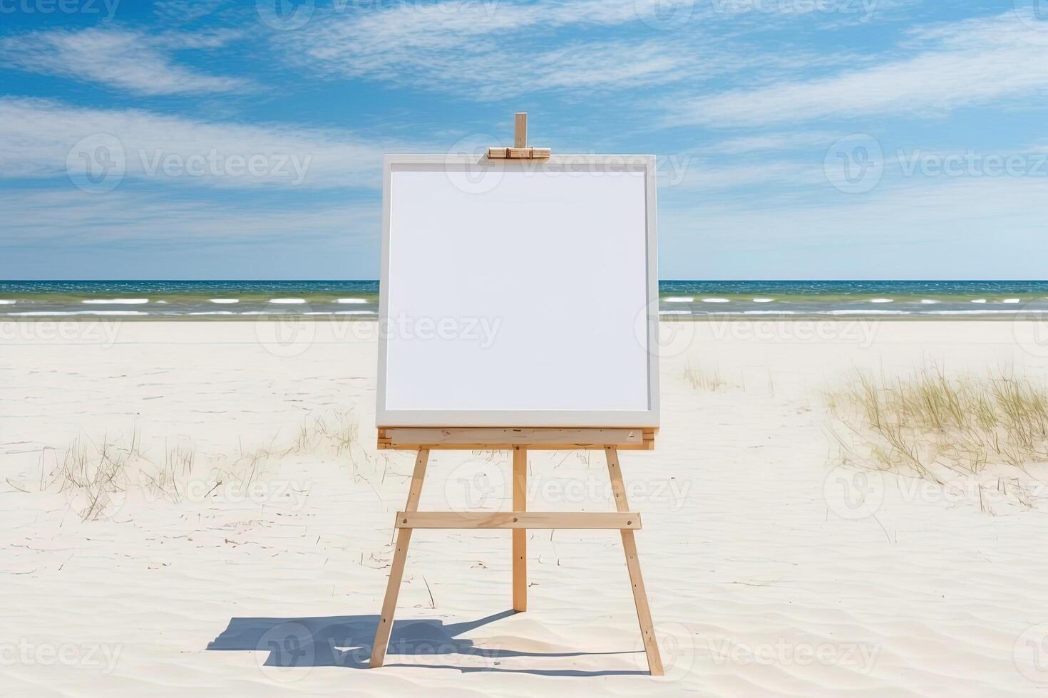 wit blanco artiest kader Aan een klein houten ezel Aan zomer zee strand achtergrond met kopiëren ruimte. reclame mockup tekengebied voor afbeeldingen of kunstwerk. schilderij kader sjabloon spandoek. generatief ai foto