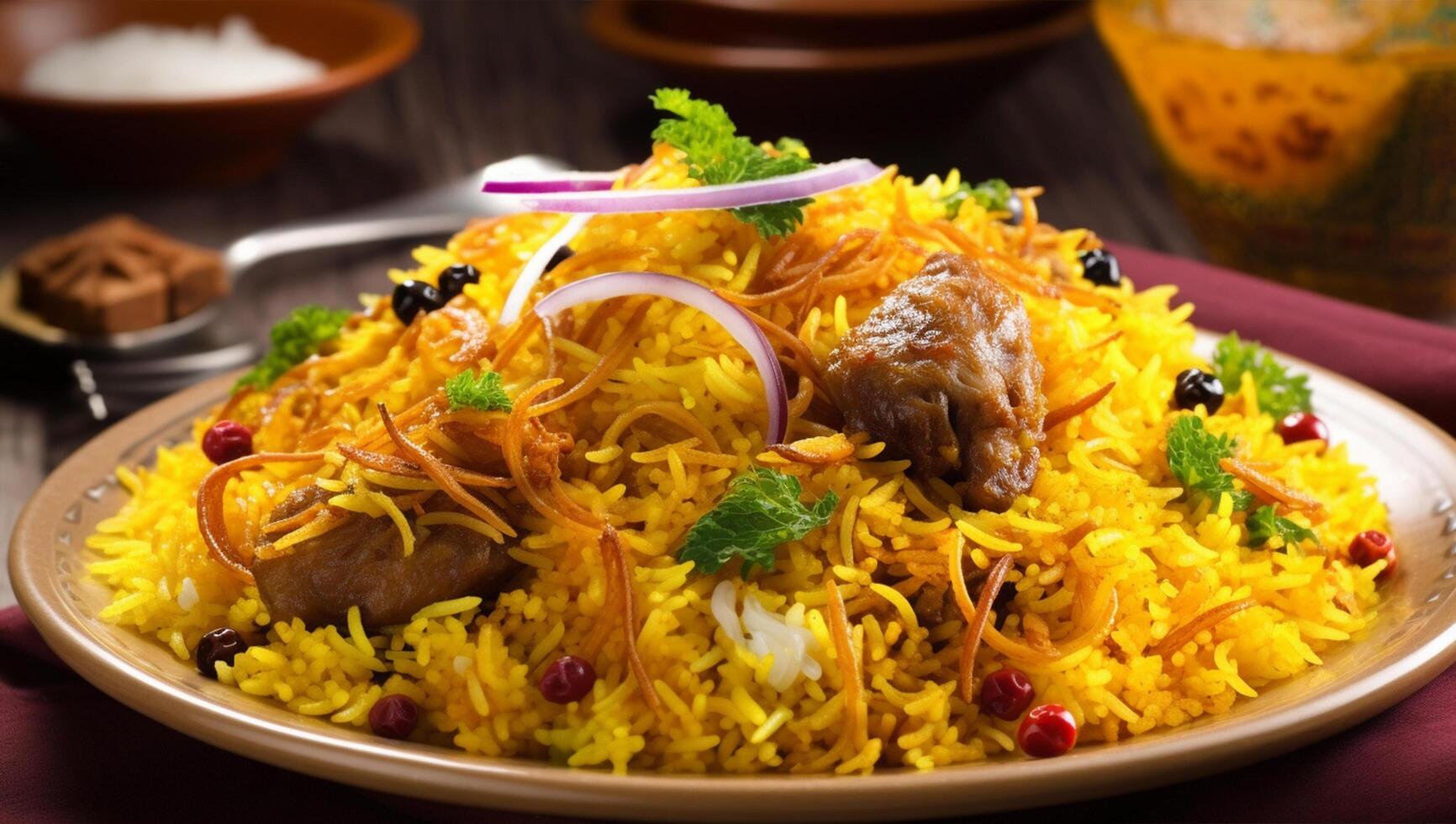 een bord van biryani met een bundel van voedsel Aan het, ai generatief foto