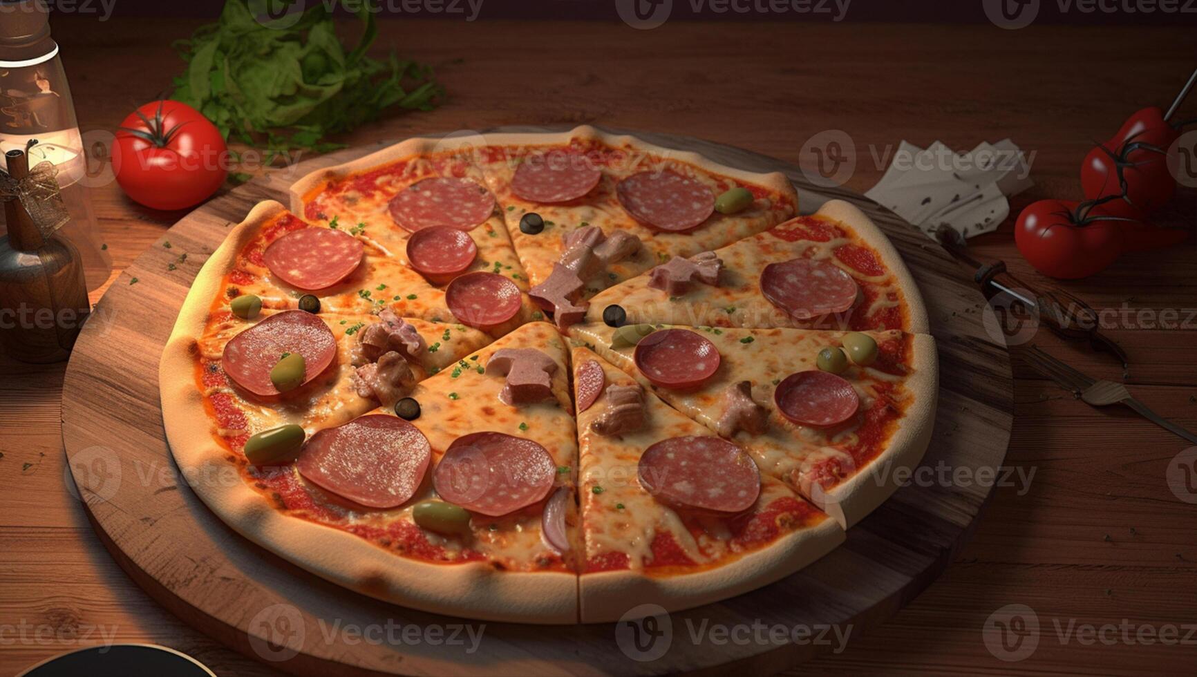 een pizza met peperoni Aan het, ai generatief foto