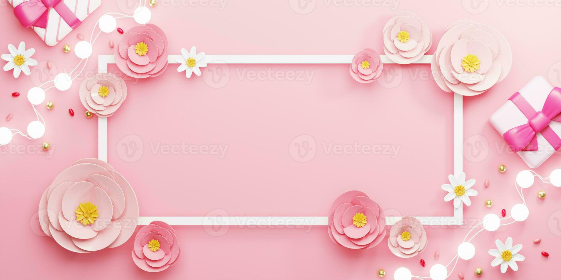 3d weergave. ontwerp voor moeder dag en Valentijn dag illustratie. rechthoek kader en roze roos bloem Aan roze achtergrond. met kopiëren ruimte. foto