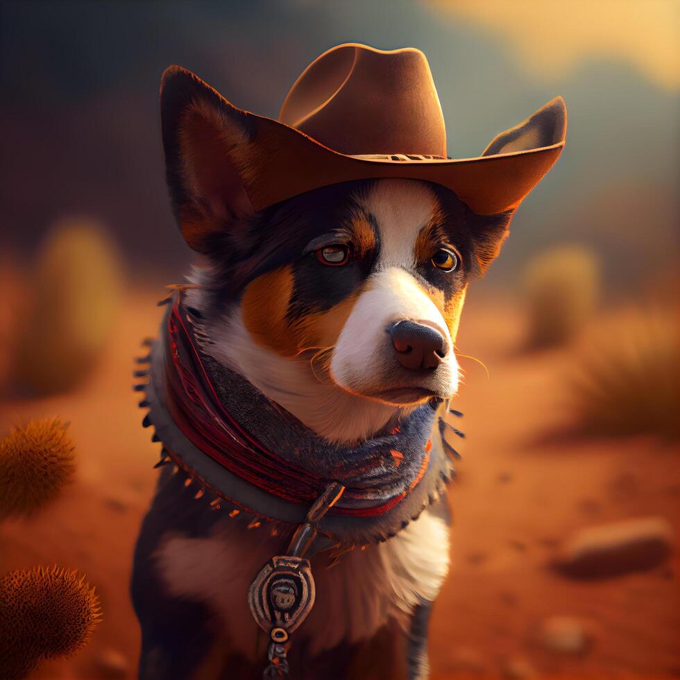 Australisch herder in cowboy hoed Aan een achtergrond van een oranje zonsondergang., ai generatief beeld foto