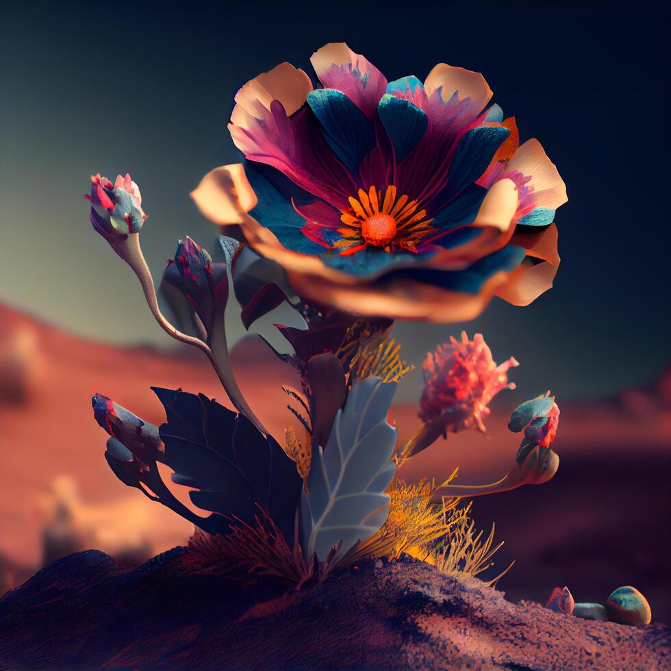 3d illustratie van een mooi bloem in de woestijn Bij zonsondergang., ai generatief beeld foto