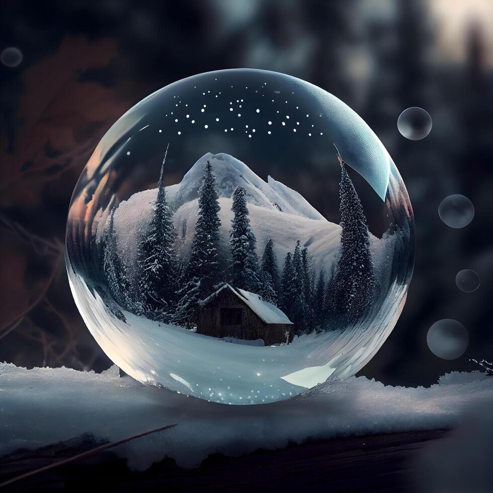 sneeuw wereldbol met huis in de Woud. Kerstmis en nieuw jaar kaart., ai generatief beeld foto