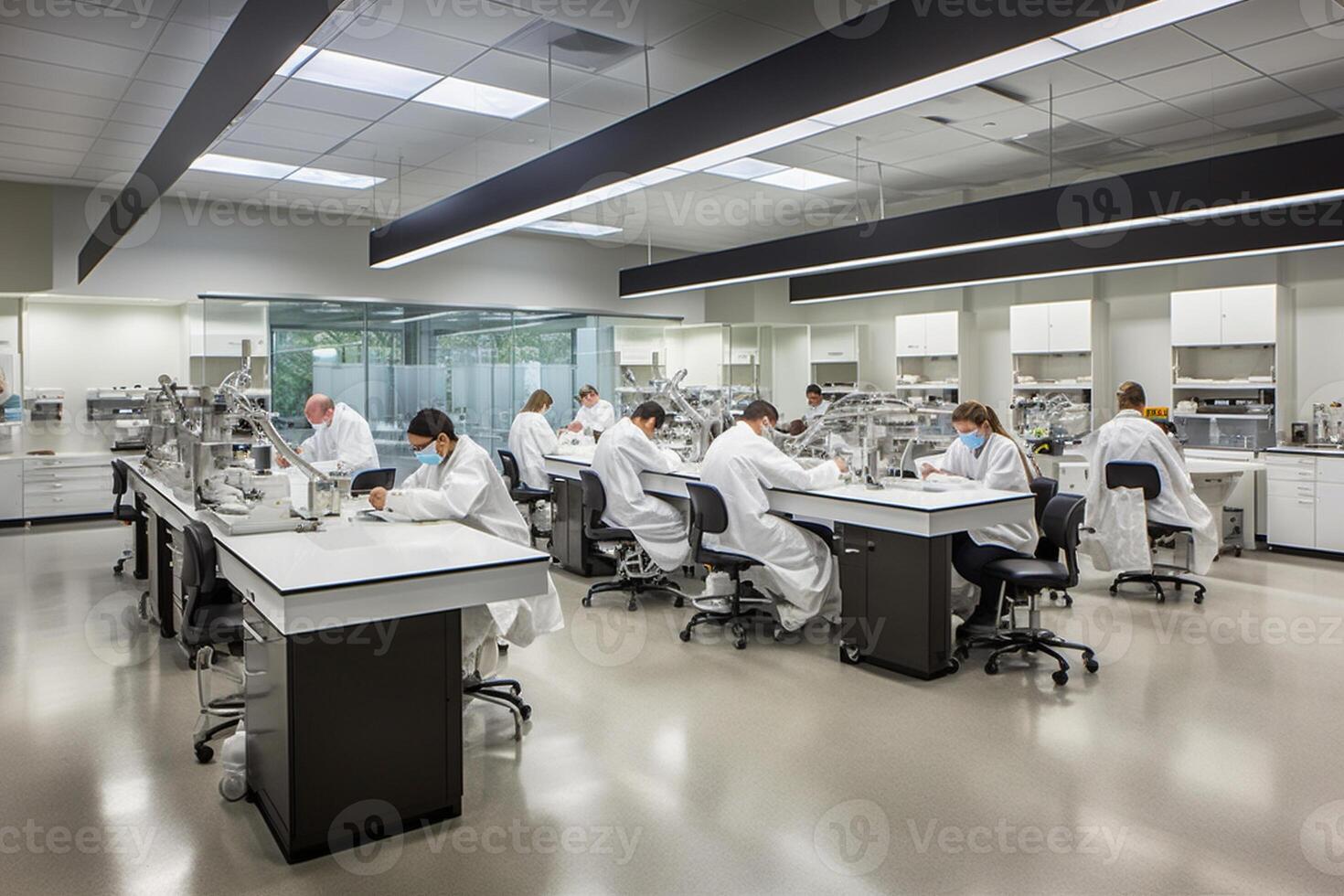 een team van ai onderzoekers is werken ijverig in een helder lit laboratorium ai gegenereerd foto