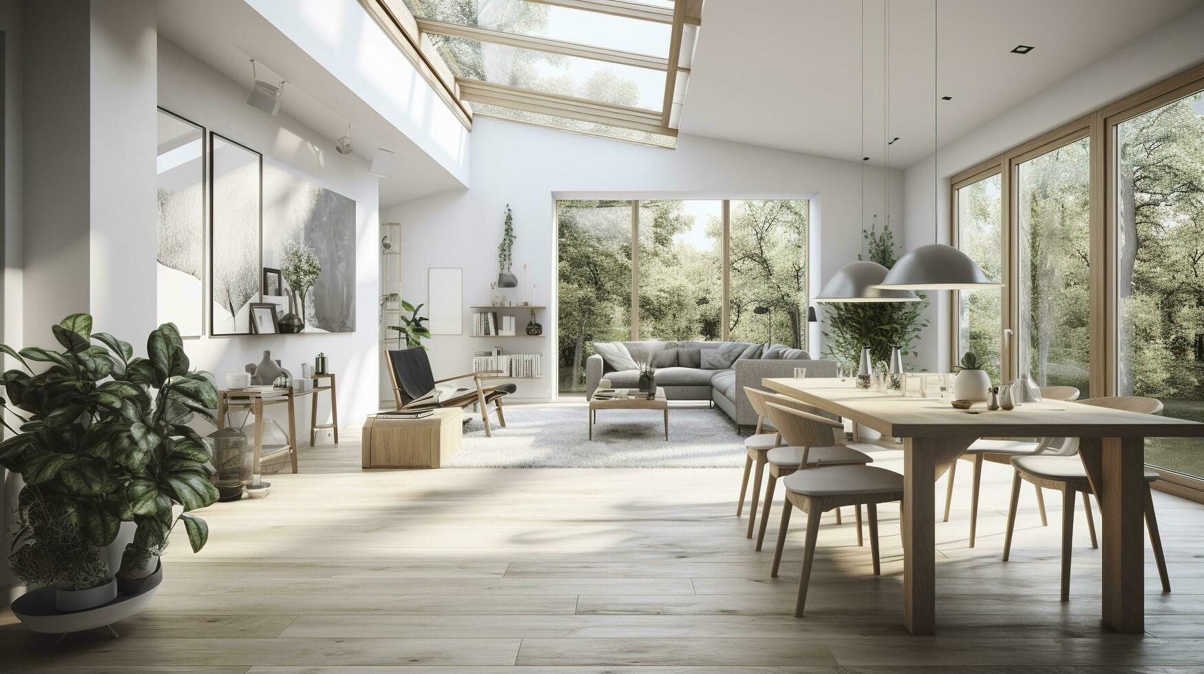 interieur ontwerp, een perspectief van een leven kamer en een keuken met een eiland, groot ramen met natuurlijk licht, modern meubilair, dakraam, modern minimalistisch ontwerp, genereren ai foto