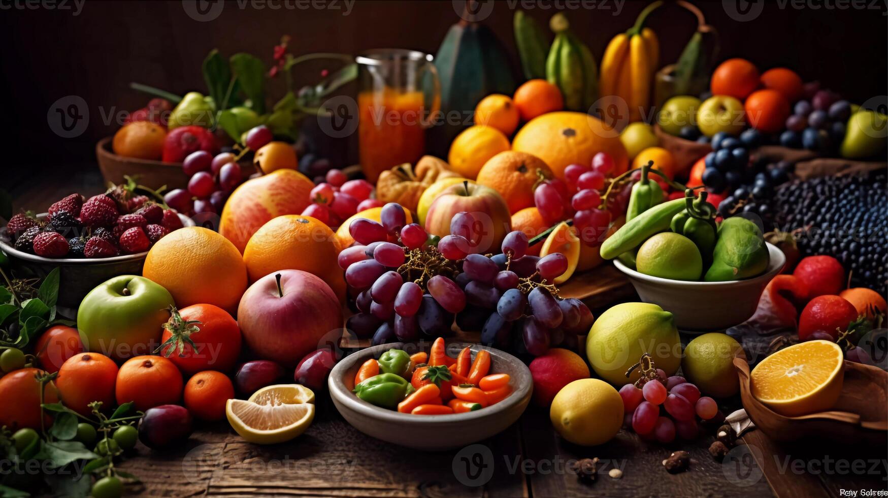 energiek geschiktheid feest kleurrijk assortiment van fruit, groenten, kruiden, en specerijen artistiek geregeld generatief ai foto