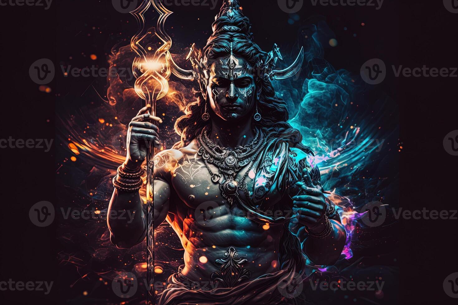 generatief ai Hindoe god shiva, kleurrijk Indisch Hindoe god shiva hand- Holding drietand. god shiva episch houding met trishula, magie in hand- voor t-shirt afdrukken, poster - Hindoe religieus kunst. foto