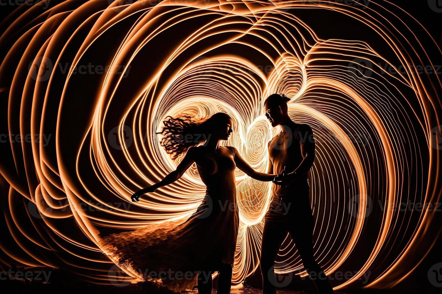 silhouet paar dansen in voorkant van een muur van lichten, illustreren de energie en passie in hun relatie, generatief ai, Valentijn concept. foto