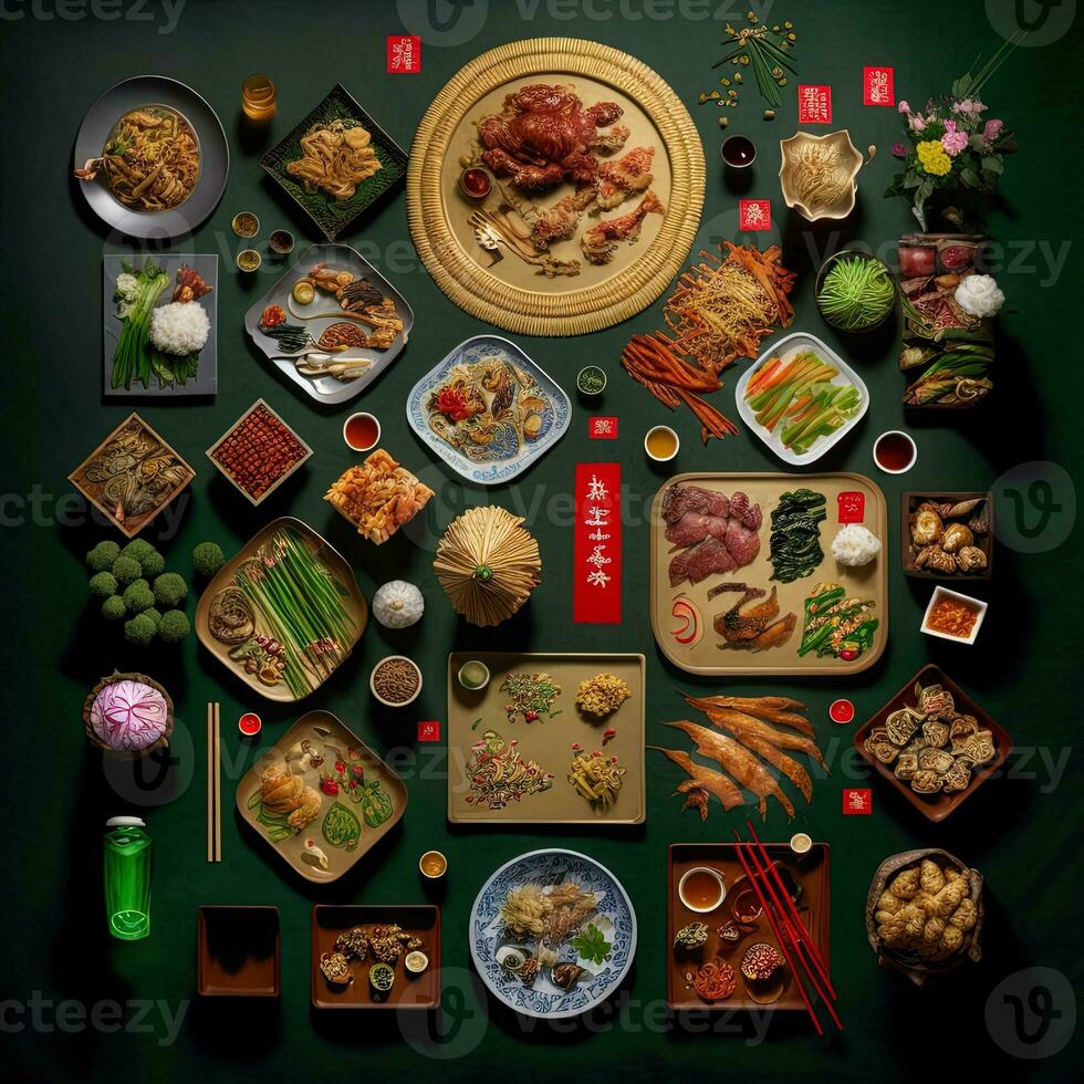 top visie van tafel avondeten Chinese. knolling fotografie van Chinese avondeten nieuw jaar , levendig. Vietnamees traditioneel maaltijd in land kant. vlak leggen. foto