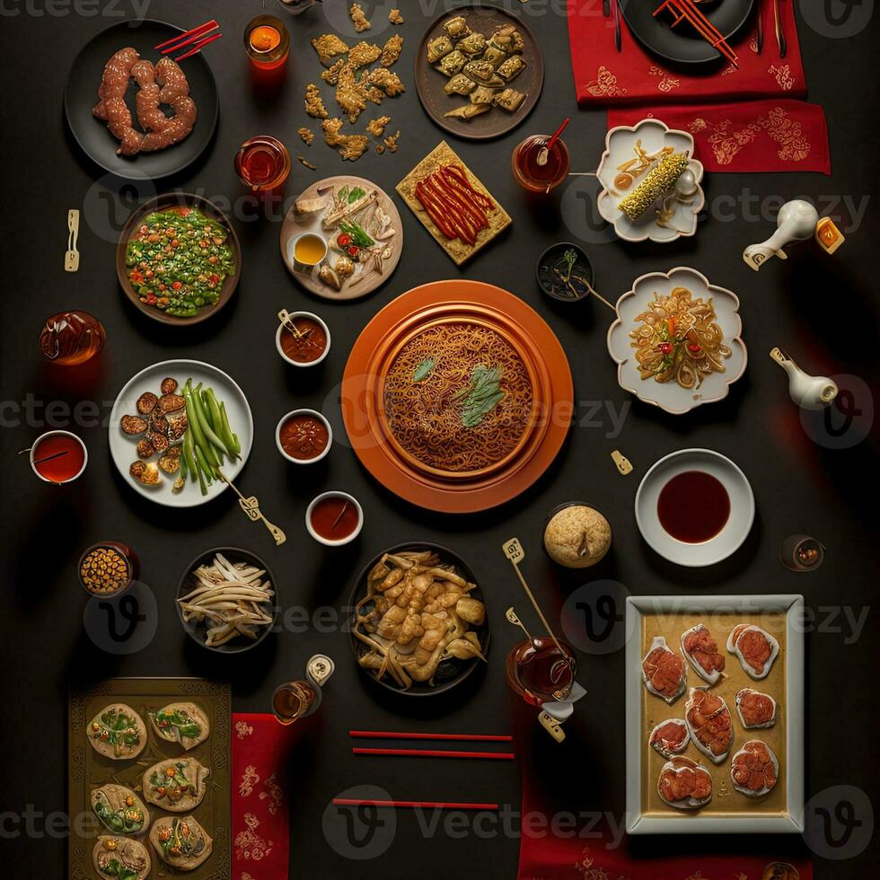 top visie van tafel avondeten Chinese. knolling fotografie van Chinese avondeten nieuw jaar , levendig. Vietnamees traditioneel maaltijd in land kant. vlak leggen. foto