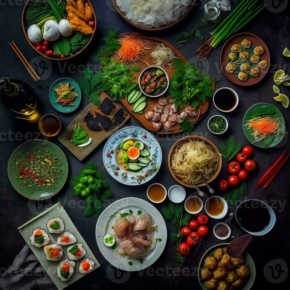 top visie van tafel avondeten Vietnamees. knolling fotografie van familie avondeten nieuw jaar , levendig. Vietnamees traditioneel maaltijd in land kant. vlak leggen. foto