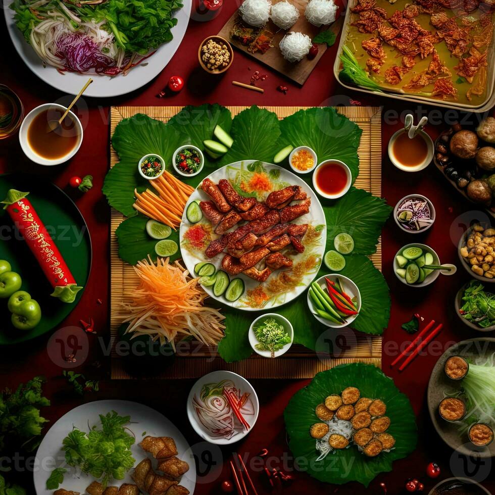 top visie van tafel avondeten Vietnamees. knolling fotografie van familie avondeten nieuw jaar , levendig. Vietnamees traditioneel maaltijd in land kant. vlak leggen. foto