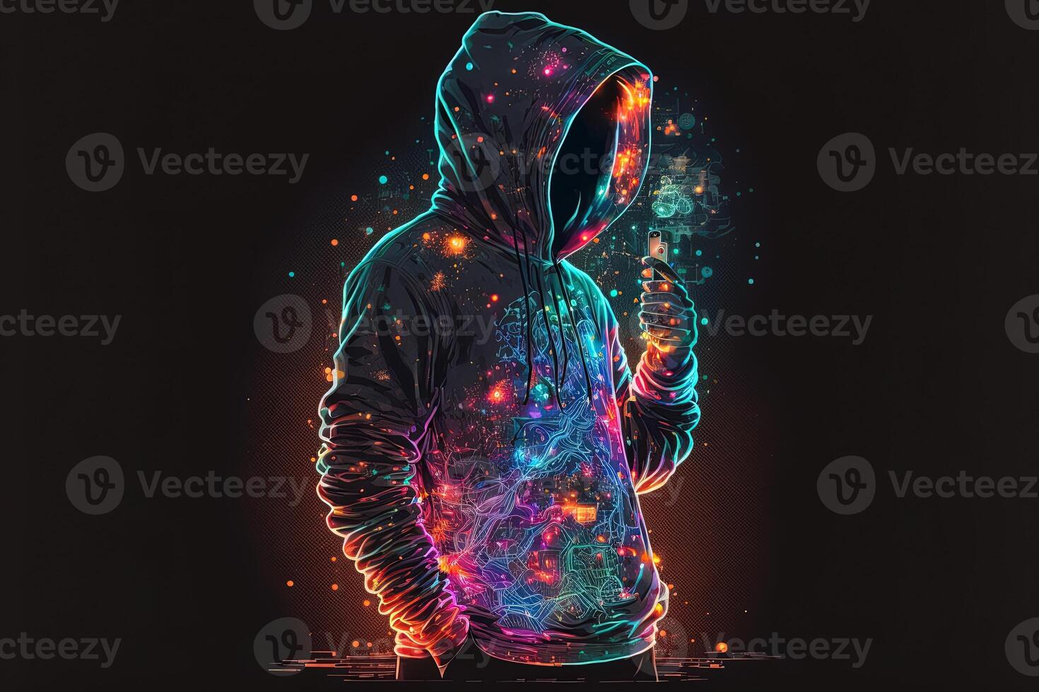 generatief ai dubbele blootstelling een eenzaam figuur in een capuchon en macht boksen, universums botsen met neon, cyberpunk, holografie, kosmisch achtergrond. anoniem Mens in een zwart capuchon hacken computer avatar foto