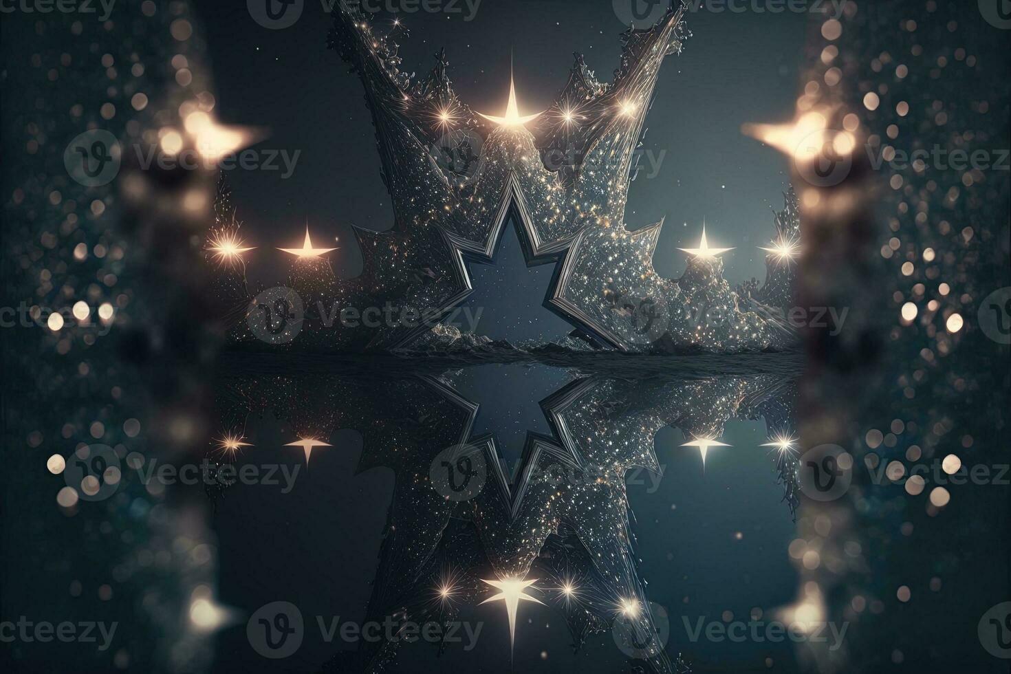 douche van een miljoen sprankelend ster vormig spiegels van de hemelen. helder creatief abstract decoratie element voor viering. goud en zilver schitteren ster met gouden kader Aan donker achtergrond. foto