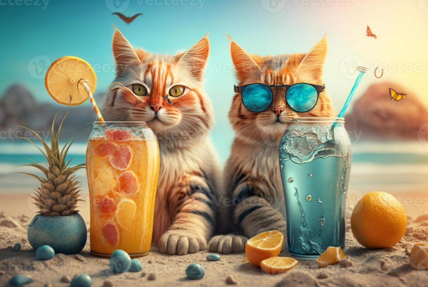 paar van katten vervelend bril met vers sap en fruit Aan strand achtergrond, zomer concept foto. generatief ai foto