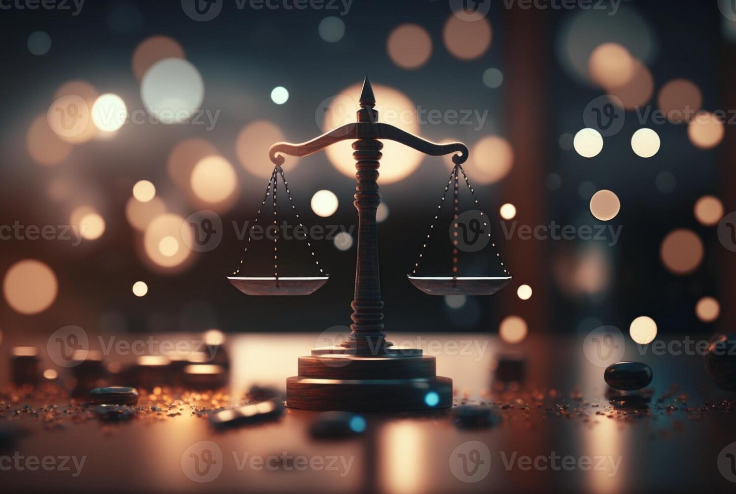 van de rechter hamer en balans van gerechtigheid met bokeh achtergrond. gerechtelijk wet concept, generatief ai foto