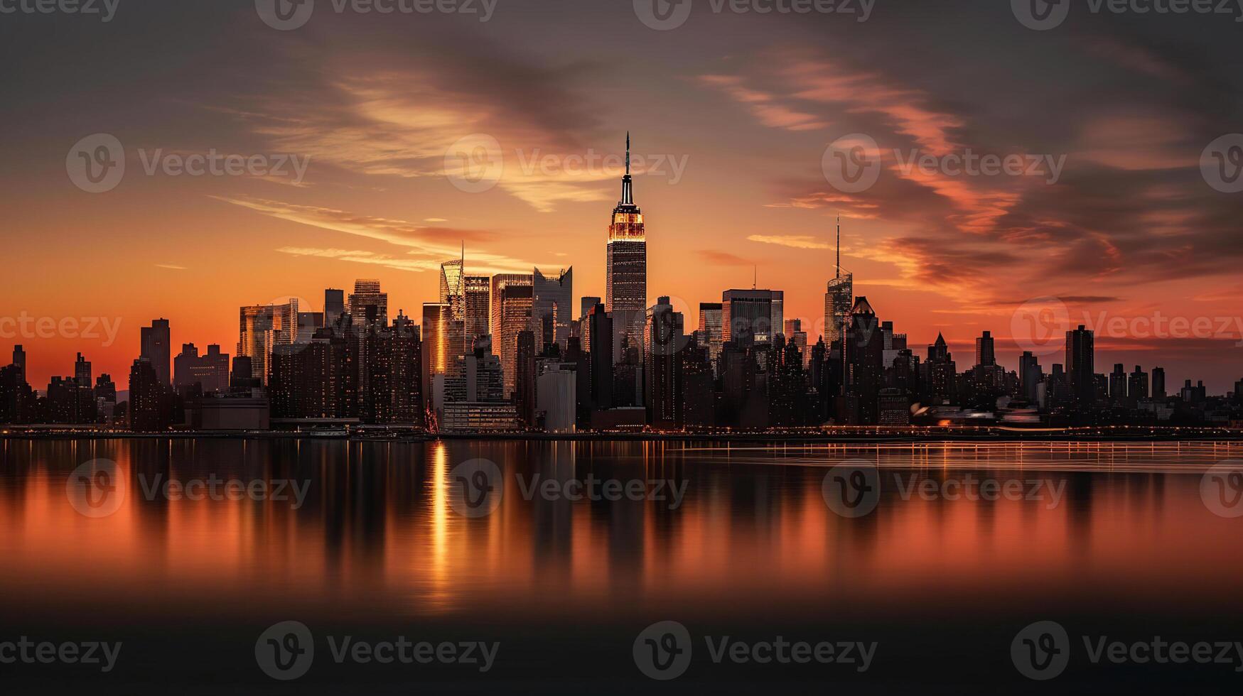 verbazingwekkend panorama visie van nieuw york stad horizon en wolkenkrabber Bij zonsondergang. mooi nacht visie in Midtown Manhattan, generatief ai foto