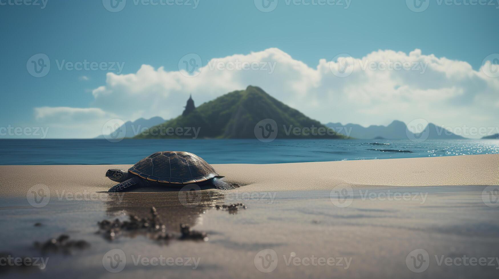een zee schildpad kruipen Aan de zanderig strand met een berg in de achtergrond. ai gegenereerd. foto