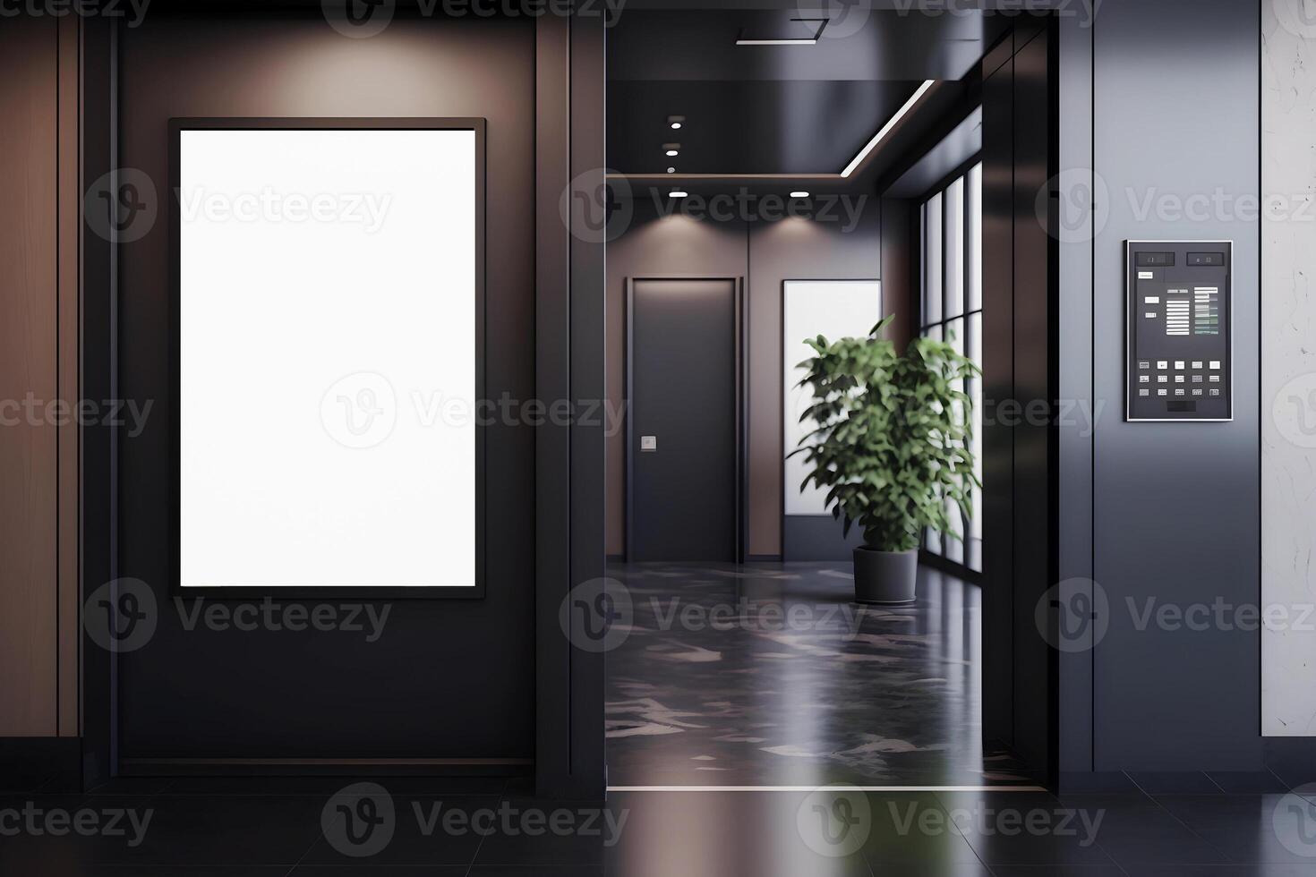 generatief ai inhoud, kantoor gang met liften. model, informatieve elektronisch bord foto