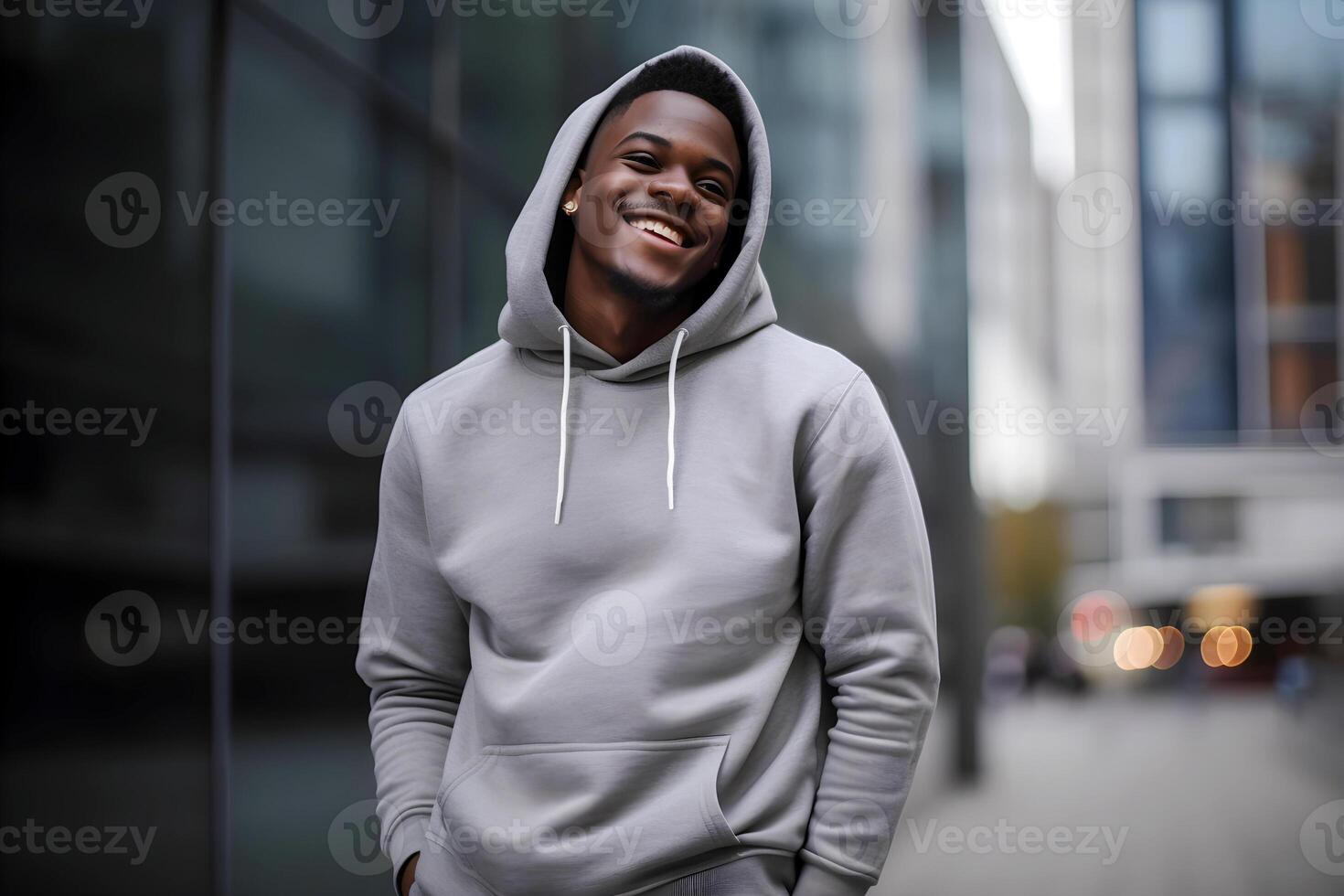 generatief ai inhoud, mokka, een wit Mens in een grijs sweater tegen de backdrop van de stedelijk landschap. plaats voor ontwerp. foto