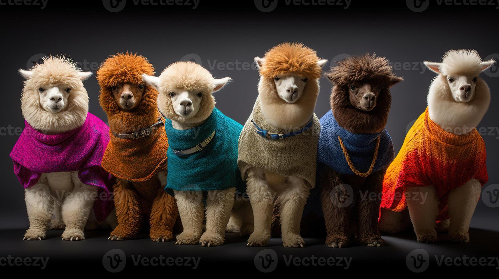 generatief ai, groep van positief verschillend kleuren van alpaca's of lama's, grappig dieren. individualiteit, onafhankelijkheid, denken verschillend, creatief idee, verscheidenheid en inclusief concept. foto