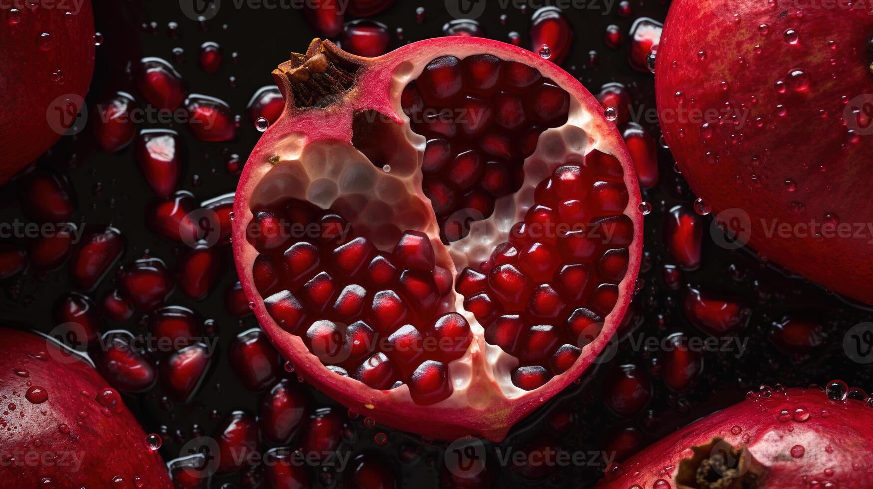 generatief ai, macro vers sappig voor de helft en geheel van granaatappel fruit achtergrond net zo patroon. detailopname foto met druppels van water