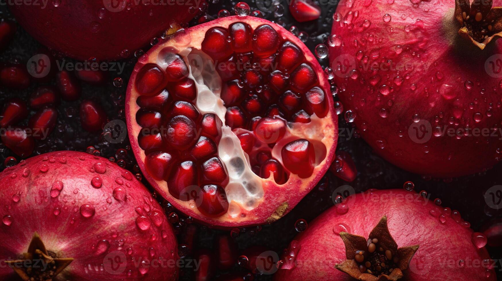 generatief ai, macro vers sappig voor de helft en geheel van granaatappel fruit achtergrond net zo patroon. detailopname foto met druppels van water