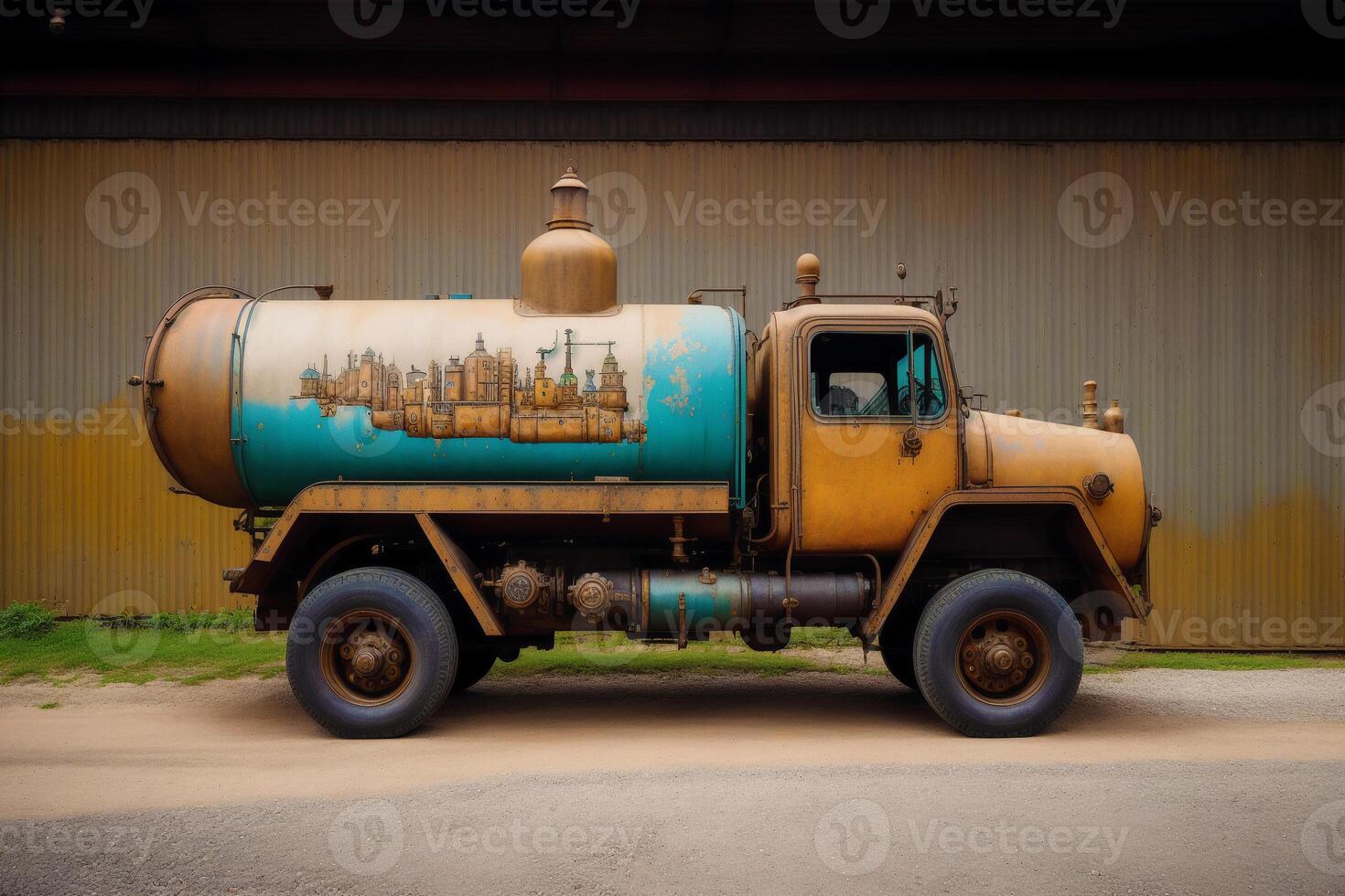 een kleurrijk vrachtwagen. een kleurrijk schilderij van een vrachtauto met een regenboog. gekleurde aanhangwagen. waterverf verf. digitaal kunst, generatief ai foto