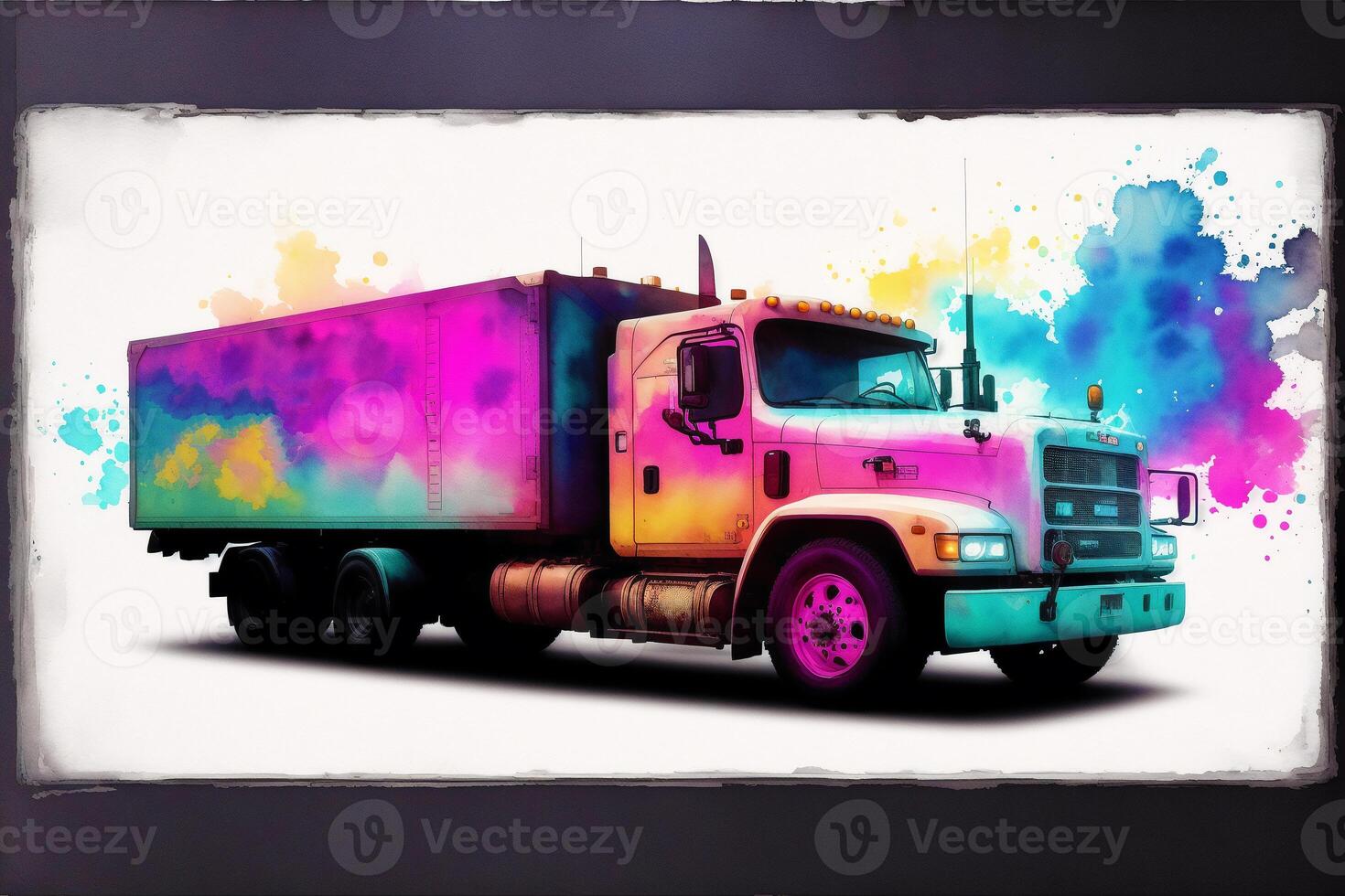 een kleurrijk vrachtwagen. een kleurrijk schilderij van een vrachtauto met een regenboog. gekleurde aanhangwagen. waterverf verf. digitaal kunst, generatief ai foto