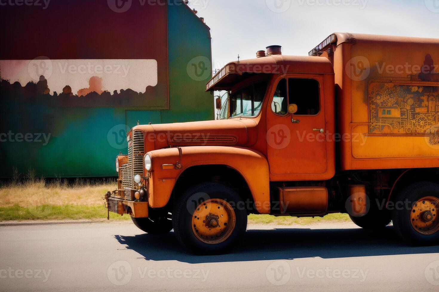 een kleurrijk vrachtwagen. een kleurrijk schilderij van een vrachtauto met een regenboog. gekleurde aanhangwagen. waterverf verf. digitaal kunst, generatief ai foto