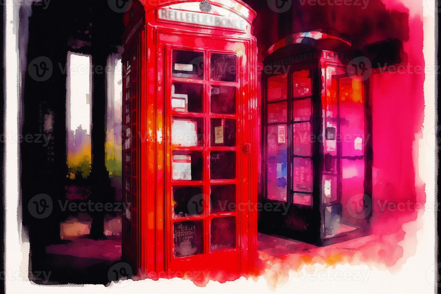 een illustratie van de rood telefoon doos. waterverf verf. Londen telefoon kraam. generatief ai foto
