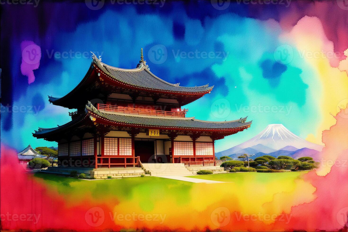 Japans tempel in voorjaar met bloeiend kers boom. digitaal schilderen..aquarel verf. digitaal kunst, generatief ai foto