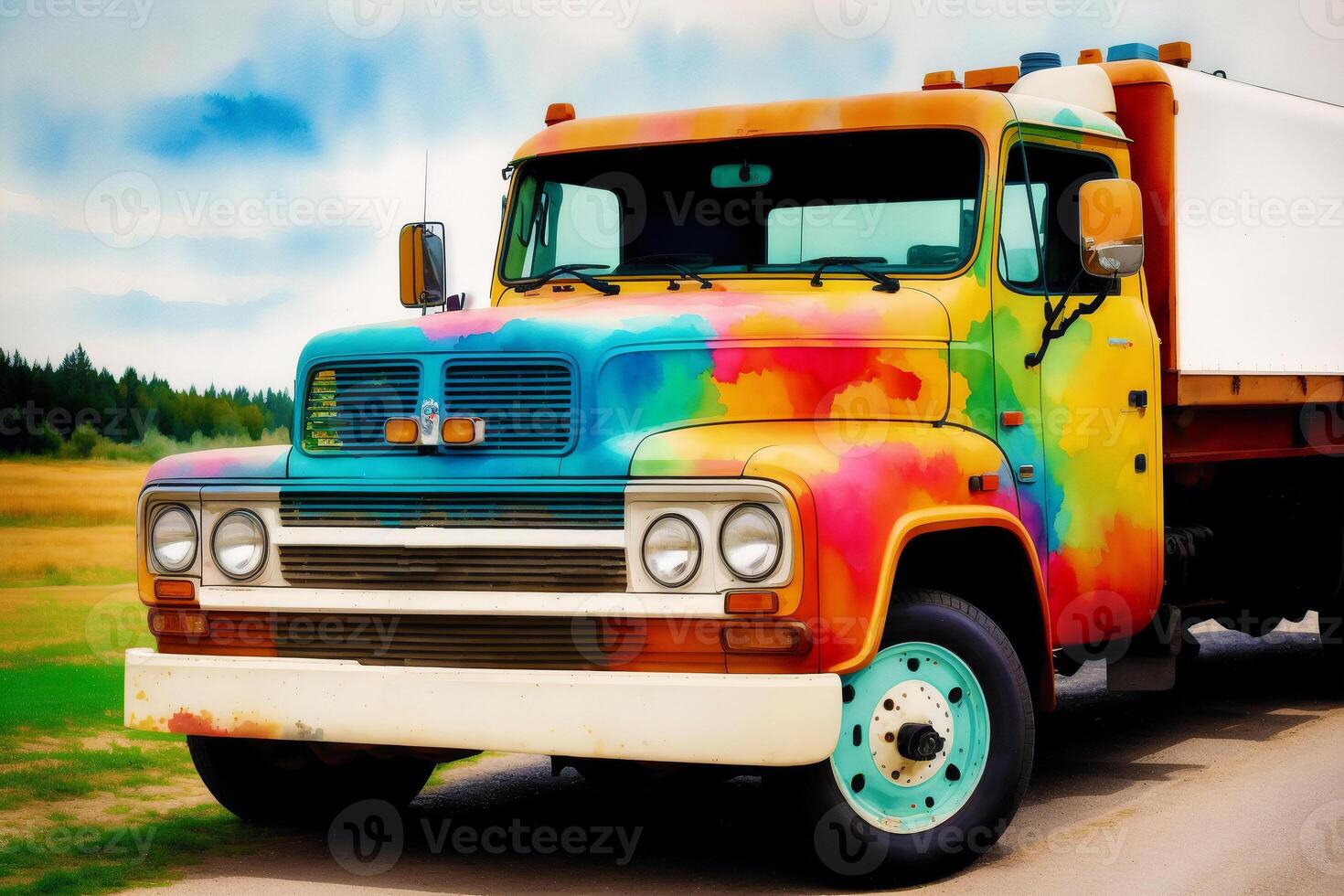 een kleurrijk vrachtwagen. een kleurrijk schilderij van een vrachtauto met een regenboog. gekleurde aanhangwagen. waterverf verf. digitaal kunst, generatief ai foto