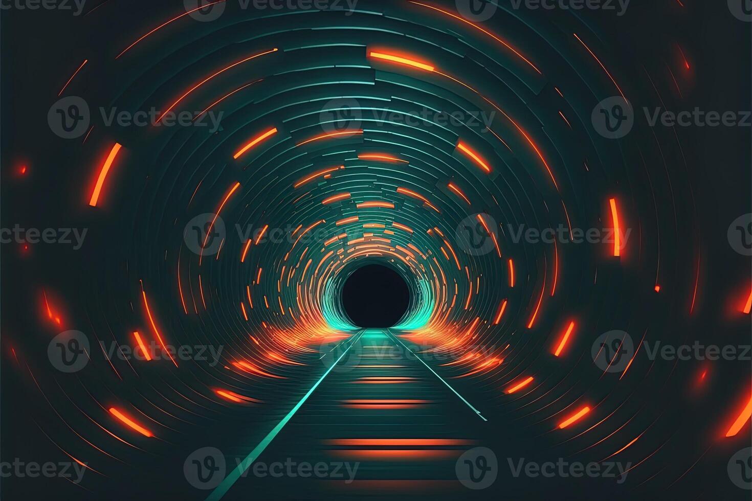 sci-fi cyber futuristische leeg generatief ai tunnel achtergrond Uitgang of doel vooruit. abstract cyber of digitaal speedway concept cyberpunk cyber synth tunnel gang foto