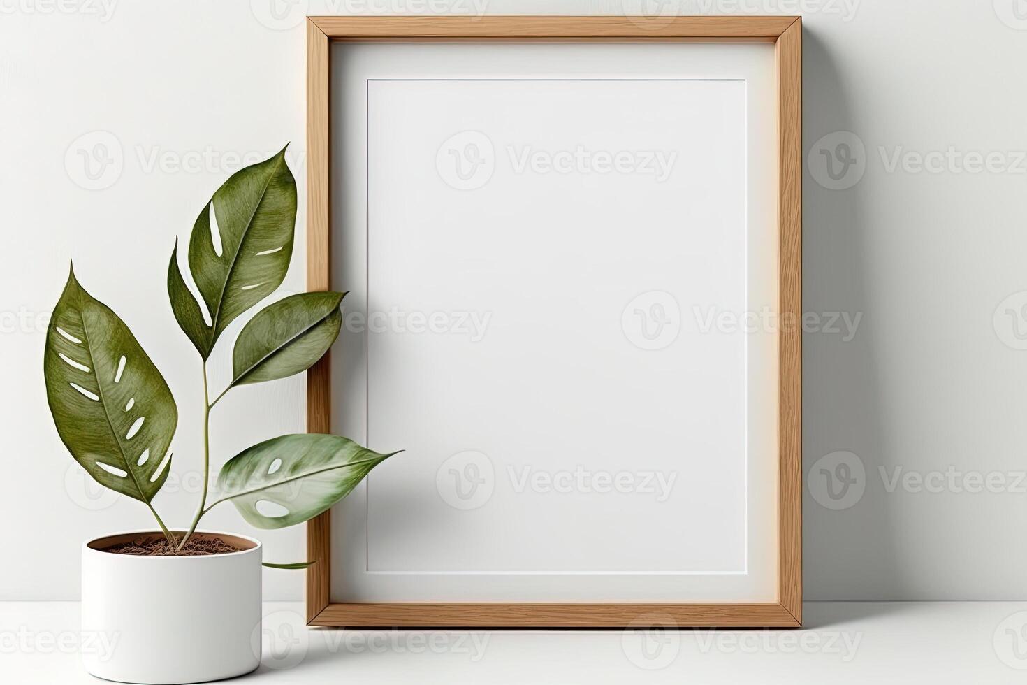 blanco afbeelding kader mockup Aan muur in modern interieur. artwork sjabloon bespotten omhoog in interieur ontwerp. houten afbeelding kader mockup Aan wit muur minimalistische - generatief ai foto